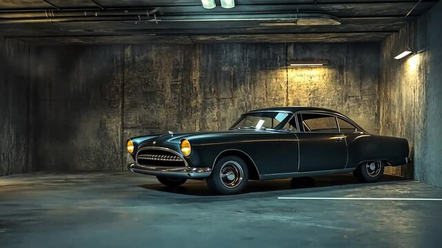 Classic Car in a Dark Garage: A Vintage Automotive Masterpiece