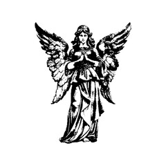 Black and white vintage angel illustration with detailed wings and flowing robes