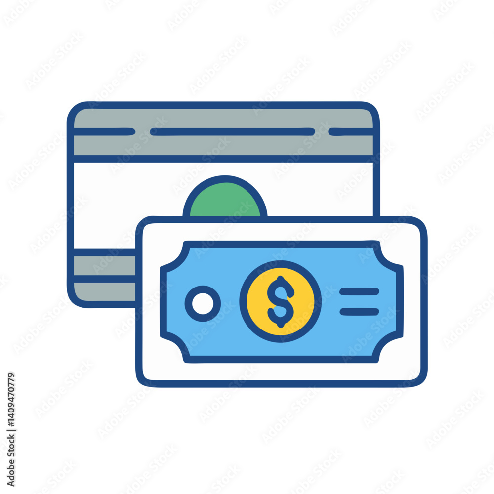 Poster credit card with cash icon representing mixed payment methods and transactions