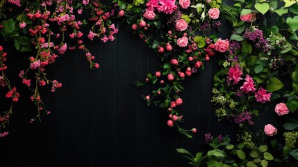 Natural plant wall filled with vines and blossoms, offering a lively and organic design surface