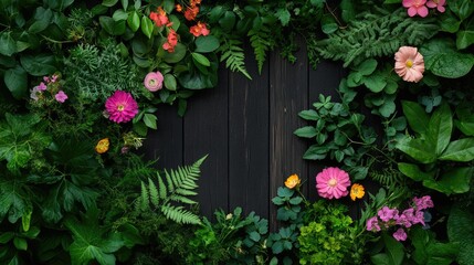 Organic plant-covered wall featuring a mix of greens and colorful flowers, perfect for wellness and nature themes