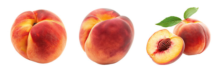 set of a whole and a slice of peaches isolated on transparent background png
