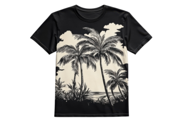 Stylish black tee featuring palm trees ocean clouds cream print summer on transparent background