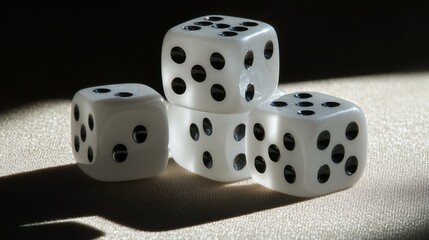 A playful arrangement of four translucent dice casting shadows in soft afternoon light