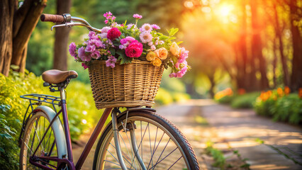 Fototapeta premium Vintage Bicycle With Flower Basket On A Sunny Path Through Lush Greenery
