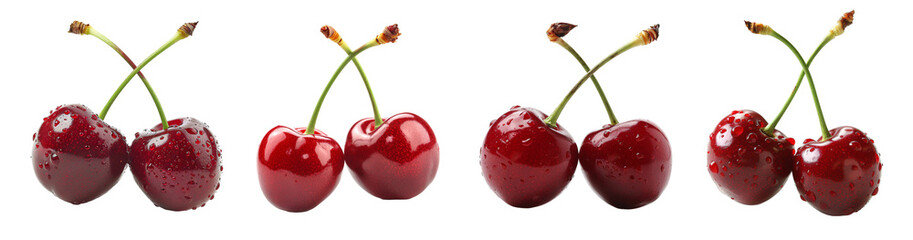set of red cherry isolated on a transparent background