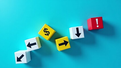 Obraz premium Financial Alert Colorful Cubes with Dollar Sign, Arrows, and Exclamation Mark on a Bright Blue Background