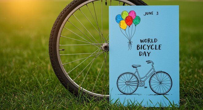 World Bicycle Day poster in a grassy park with bicycle wheel - Powered by Adobe