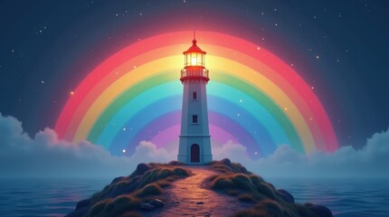 Celebrating world password day a colorful lighthouse under a rainbow at sea for awareness and security