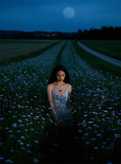 Elegant woman in the moonlight among the flower bushes