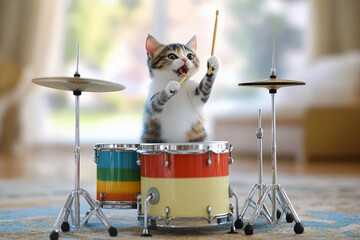 Cat plays mini drum set with enthusiasm in a cozy indoor setting