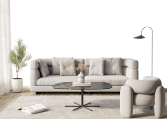 Free PNG wallpaper mockup in Interior Living Room, Elegant and Modern Living Room Design with Comfortable Furniture, 3D rendering