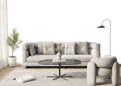 Free PNG wallpaper mockup in Interior Living Room, Elegant and Modern Living Room Design with Comfortable Furniture, 3D rendering