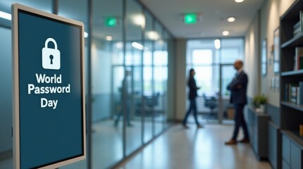 Obraz premium World password day awareness event in corporate office informative display modern workspace security focus
