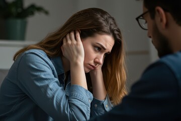 Wife offended by husband, man asks for forgiveness. Angry depressed young woman has no desire to talk, listening to lies of her boyfriend saying sorry