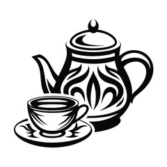 Teapot and Cup Silhouette, Black and White Tea Set Illustration, Isolated Elements