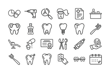 Dental Line Icons – Tooth, Dentist Tools, Oral Care, and Clinic Vector Symbols

