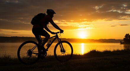 Obraz premium Silhouette of cyclist enjoying sunrise by a lake.