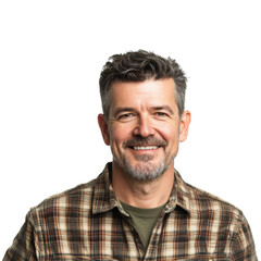 Obraz premium Smiling Man with Checkered Shirt: A close-up portrait of a man with a friendly smile, radiating warmth and genuineness. He wears a checkered brown and green shirt.