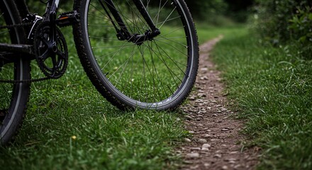 Close-up of a mountain bike tire on a grassy trail.
