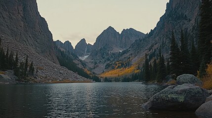Fototapeta premium Rocky mountain lake valley at fall's end.