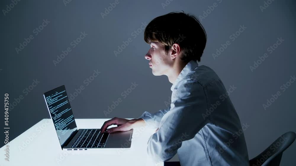 Poster Focused professional developer working late at night, typing source code on laptop while sitting at luminous table in dimly lit workspace, concentrating on programming task