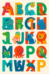 Fototapeta premium This animal-themed alphabet illustration is ideal for children's education, room decor, learning books, or educational toys. Perfect for educational and printing businesses, and can be sold in global 