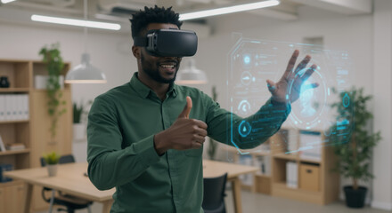 Young African American professional man using VR headset in modern office and showing thumbs up. Black man in green shirt gesturing with virtual reality interface. Augmented reality concept