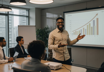 Young African American male presenting raising chart to colleagues. Happy Black man in beige shirt pointing to raising data graph during business presentation in conference room.