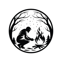 Man Silhouette Making Fire in Forest Clearing, Circle Black and White Wilderness