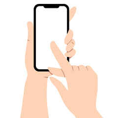hand holding smartphone and scrolling phone vector illustration isolated on white. blank screen