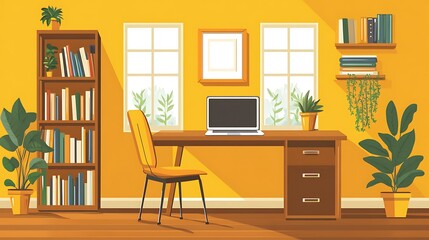 Bright Home Office with Desk and Bookshelf, A bright home office with a desk, chair, laptop, and bookshelf