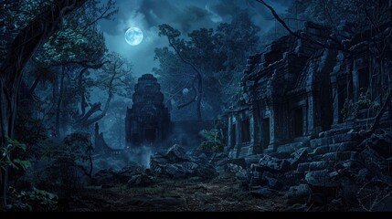Naklejka premium A eerie creepy Camboaidan-stlye forest at night, with wall of Cambodian-inspired temple seen in the far distance of the woods.