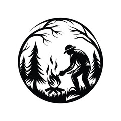 Silhouette of Man Tending Fire in Forest Circle Illustration, Nature, Black & White