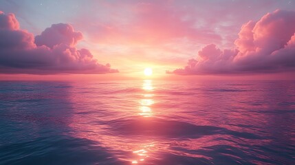 Fototapeta premium Gentle sunset over still sea with cotton candy sky and smooth water surface, panoramic perspective, serene coastal vibe 