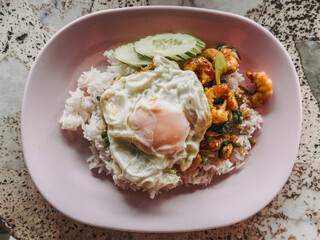 Khan Pad Ka Prao Ta Lay or Thai Rice and Stir-Fried Seafood with basil.