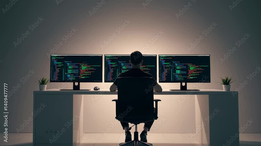 Aufkleber Software developer coding complex software project, intensely focused while working late at night on multiple monitors with screen illumination in dark workspace