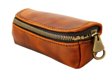 Rustic Brown Leather Pencil Case Vintage Style Zipper Antique Brass Pull on transparent background