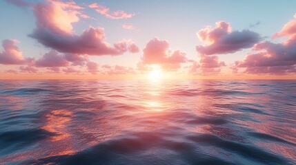 Gentle sunset over still sea with cotton candy sky and smooth water surface, panoramic perspective, serene coastal vibe 