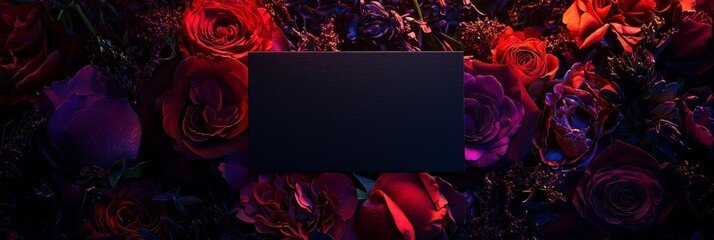 Moody Dark Red Rose Bouquet with Blank Black Card for Text or Design