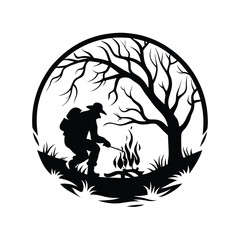 Silhouette Man by Campfire Tree Circle Design, Black Shape Isolated on White