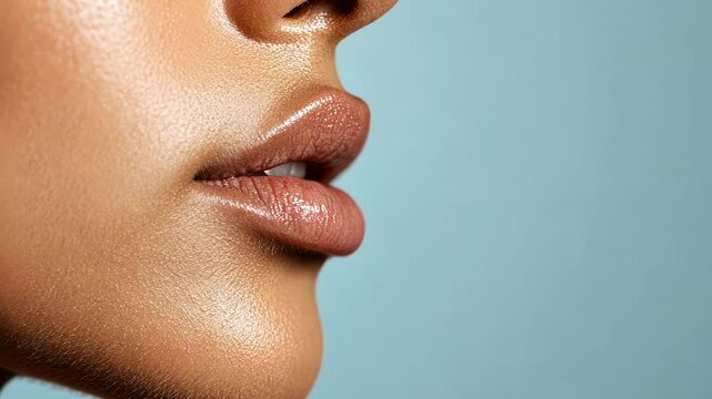 Close up of shiny, full lips reflecting the effects of lip augmentation and cosmetic procedures by a cosmetologist or dentist specializing in aesthetic treatments