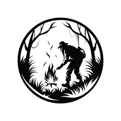 Black Silhouette of Man Building Campfire in Forest Circle, Dark