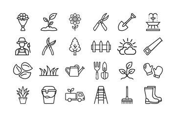 Gardening and Landscaping Icons Tools, Plants, Farmer, Nature & Outdoor Essentials