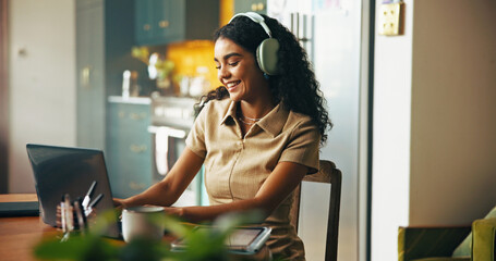Headphones, remote work and business woman on laptop for online planning, writing proposal and...