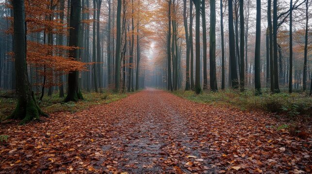 A tranquil autumn walk along a misty forest path lined with colorful fallen leaves