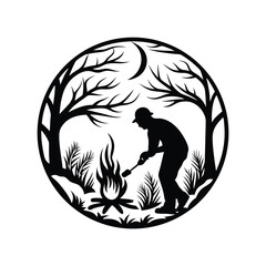 Man Silhouette Tending Campfire, Circle Frame, Forest, Trees, Moon, Black & White, Outdoors