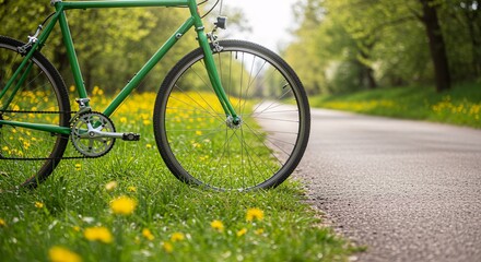 Fototapeta premium Green Bicycle Leaning Against Grassy Roadside
