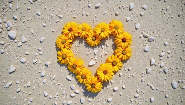 Yellow flowers forming a heart shape on sandy beach - Powered by Adobe