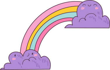 Kawaii smiling clouds with rainbow on transparent background. Good for scrapbooking, prints, patterns, children posters.